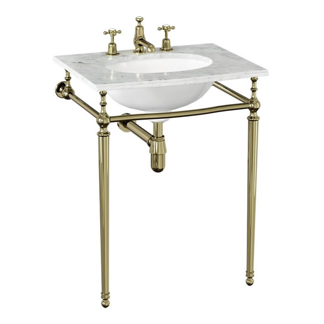 Carrara marble top & basin with brushed aluminium washstand (shown without back and side splash)